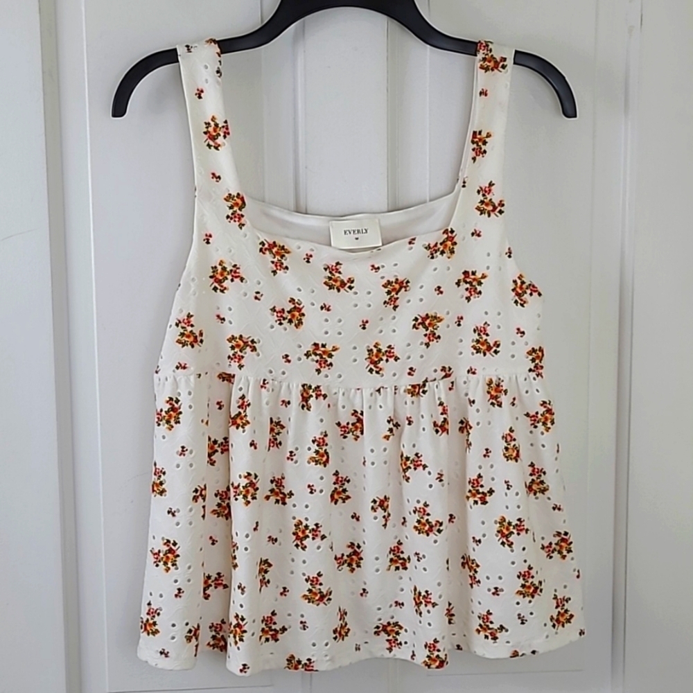 Everly White Floral Tank Top with Red and Orange Blossoms
